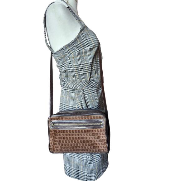 SOLD Fendi Suede and Leather Zucchino FF Logo Crossbody Bag Brown Made in Italy - Picture 4 of 16